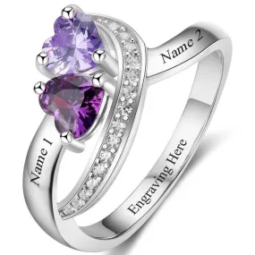 Custom 2 Heart Birthstones Ring - 2 Engraved Names Mother's Ring Couples Ring