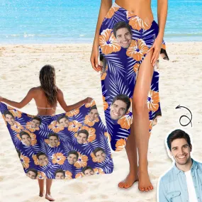 Custom Face Orange Flowers Long Sarongs Beach Wrap Personalized Bikini Cover Up