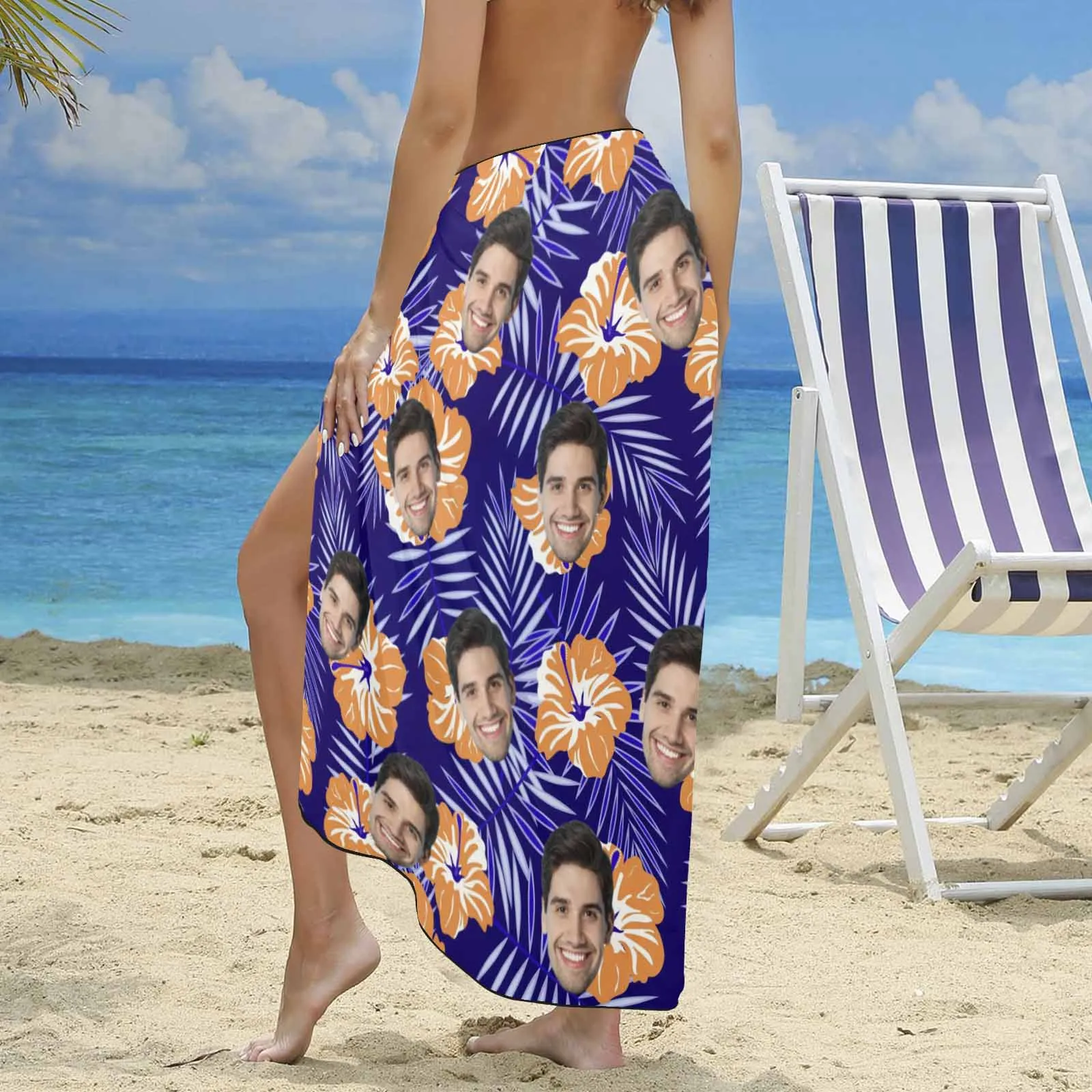 Custom Face Orange Flowers Long Sarongs Beach Wrap Personalized Bikini Cover Up