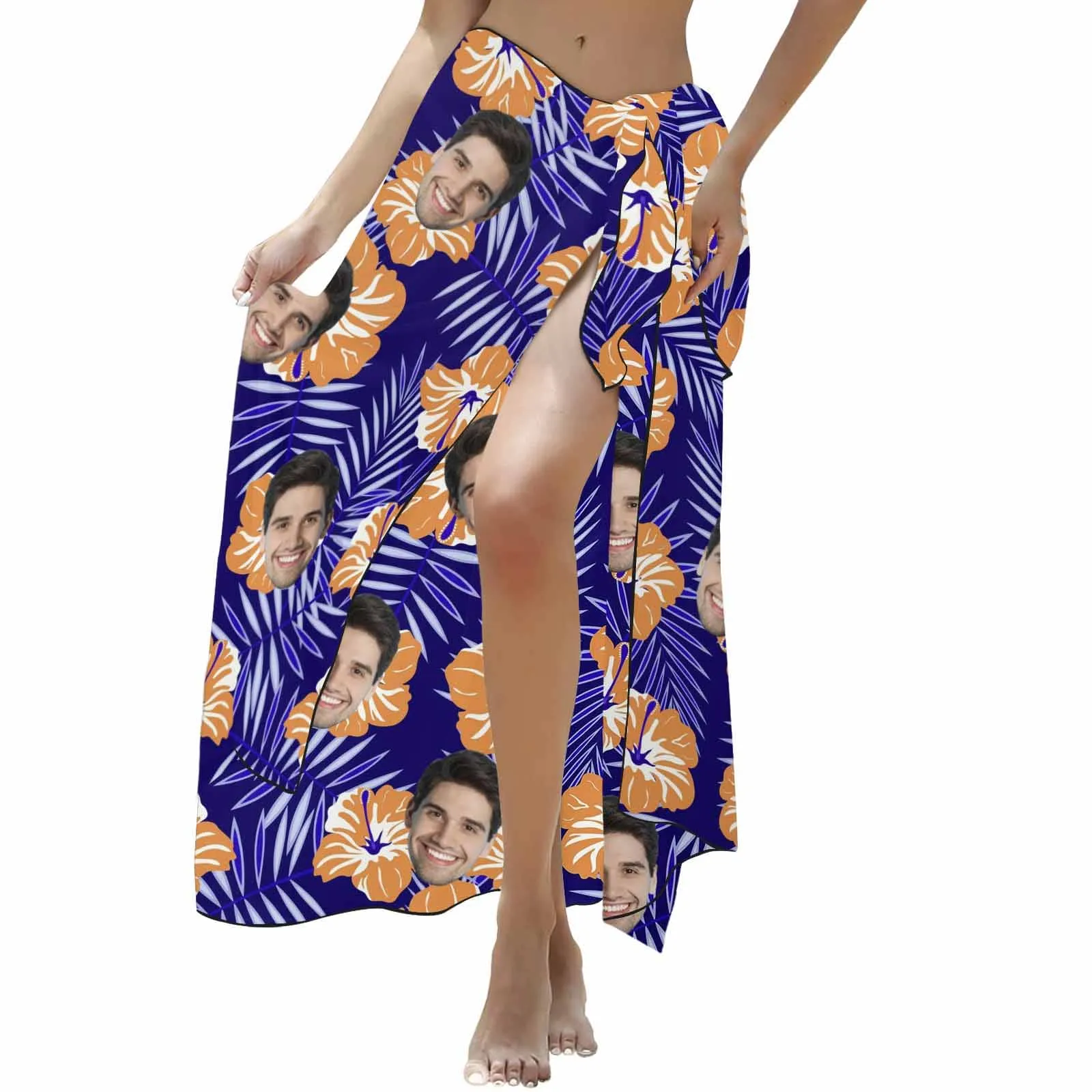 Custom Face Orange Flowers Long Sarongs Beach Wrap Personalized Bikini Cover Up