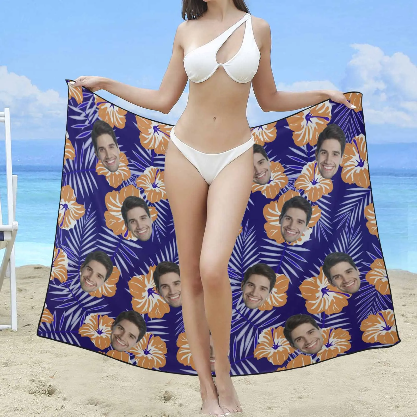 Custom Face Orange Flowers Long Sarongs Beach Wrap Personalized Bikini Cover Up