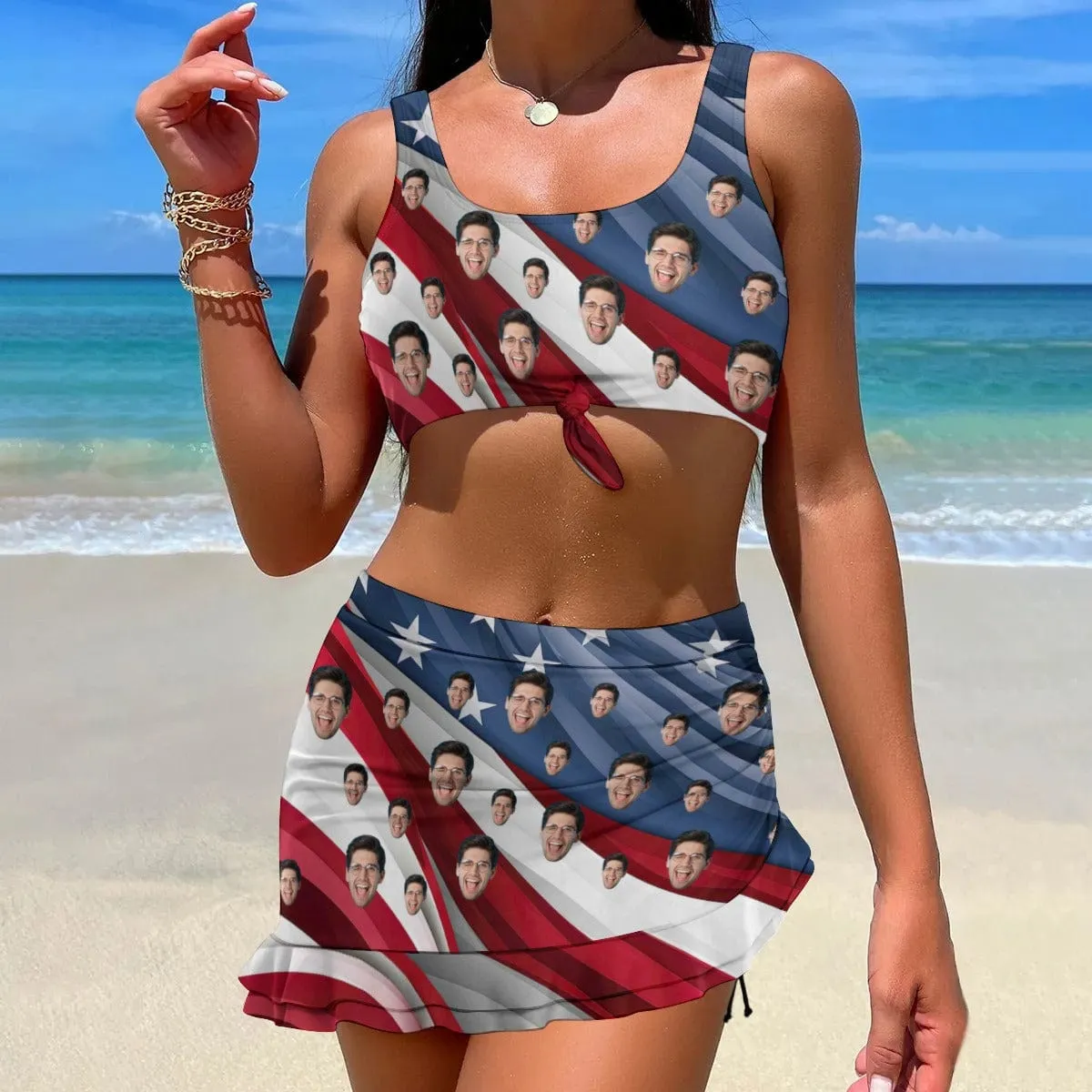 Custom Face USA Flag Bikini Set Personalized Drawstring Chest Strap Bikini Skirt