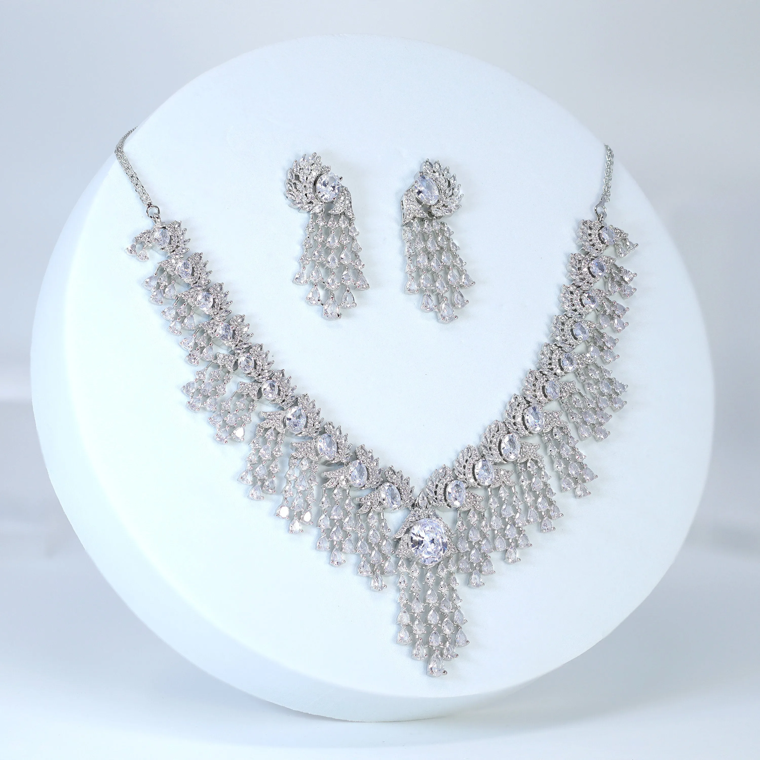 Cz Chandelier Waterfall Statement Necklace set, Gift for her, Bride Necklace, Mother Of Bride/Groom Necklace Set Cz.