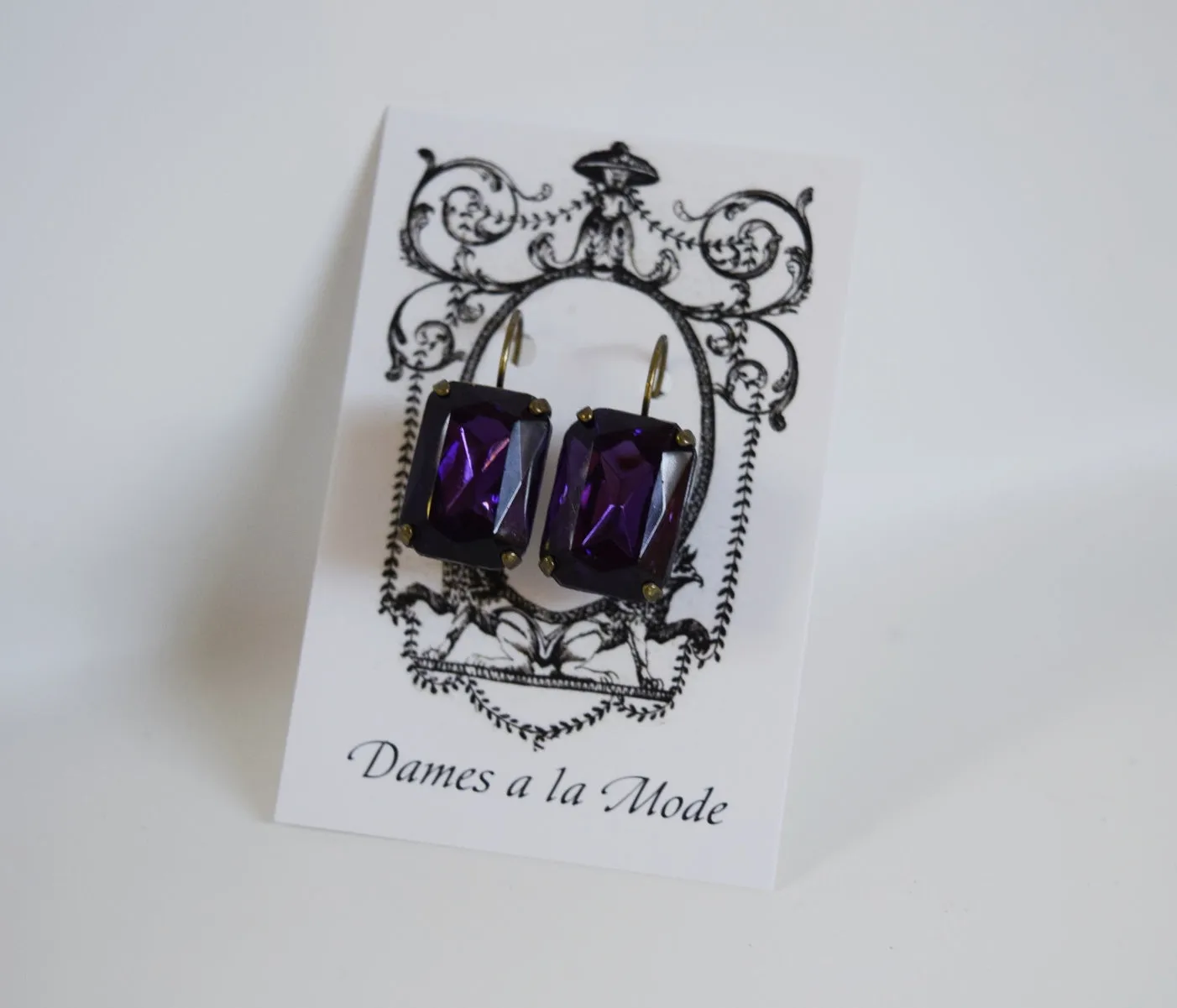 Dark Purple Crystal Earrings - Large Octagon