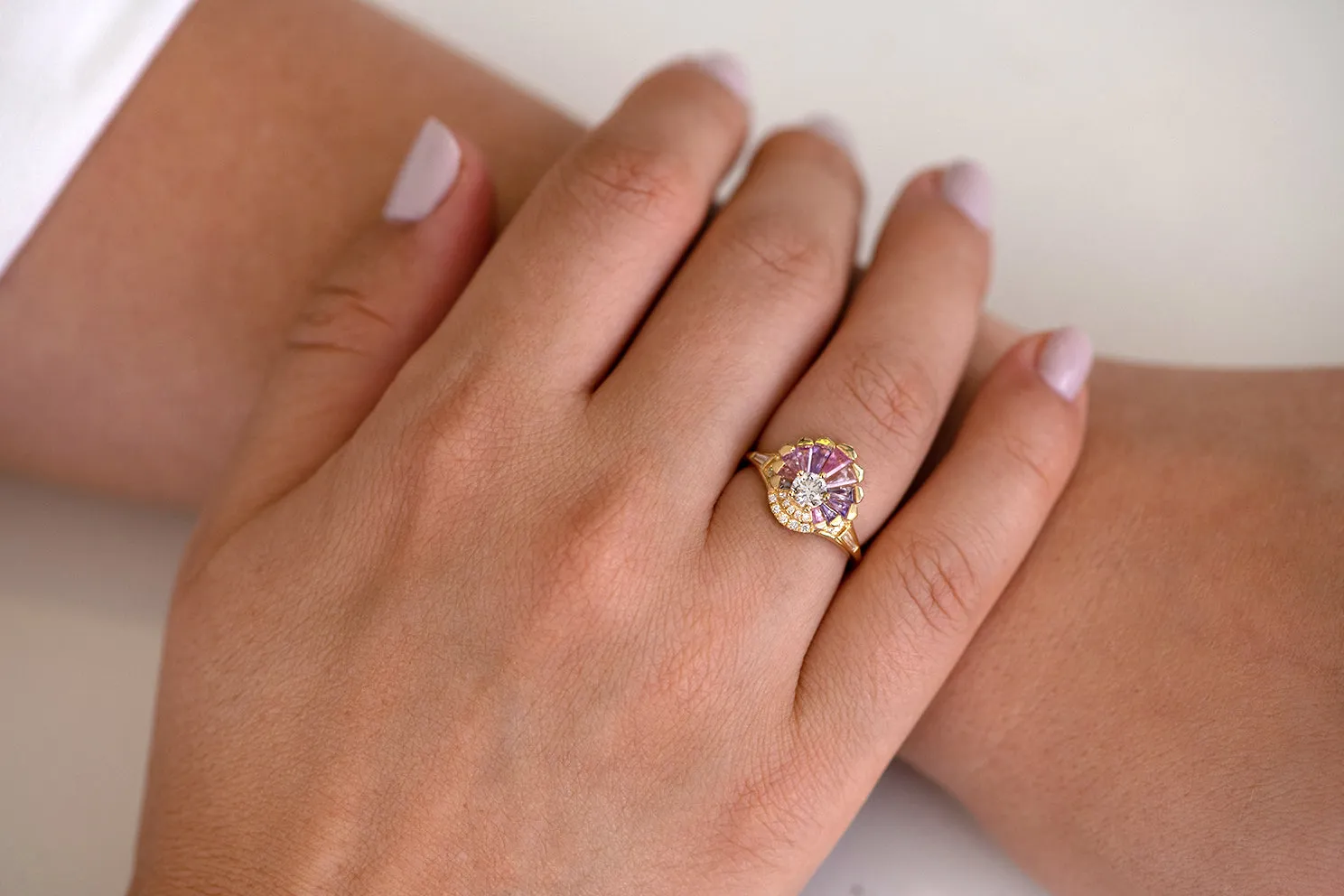 Deco Engagement Ring with Purple and Lilac Sapphires