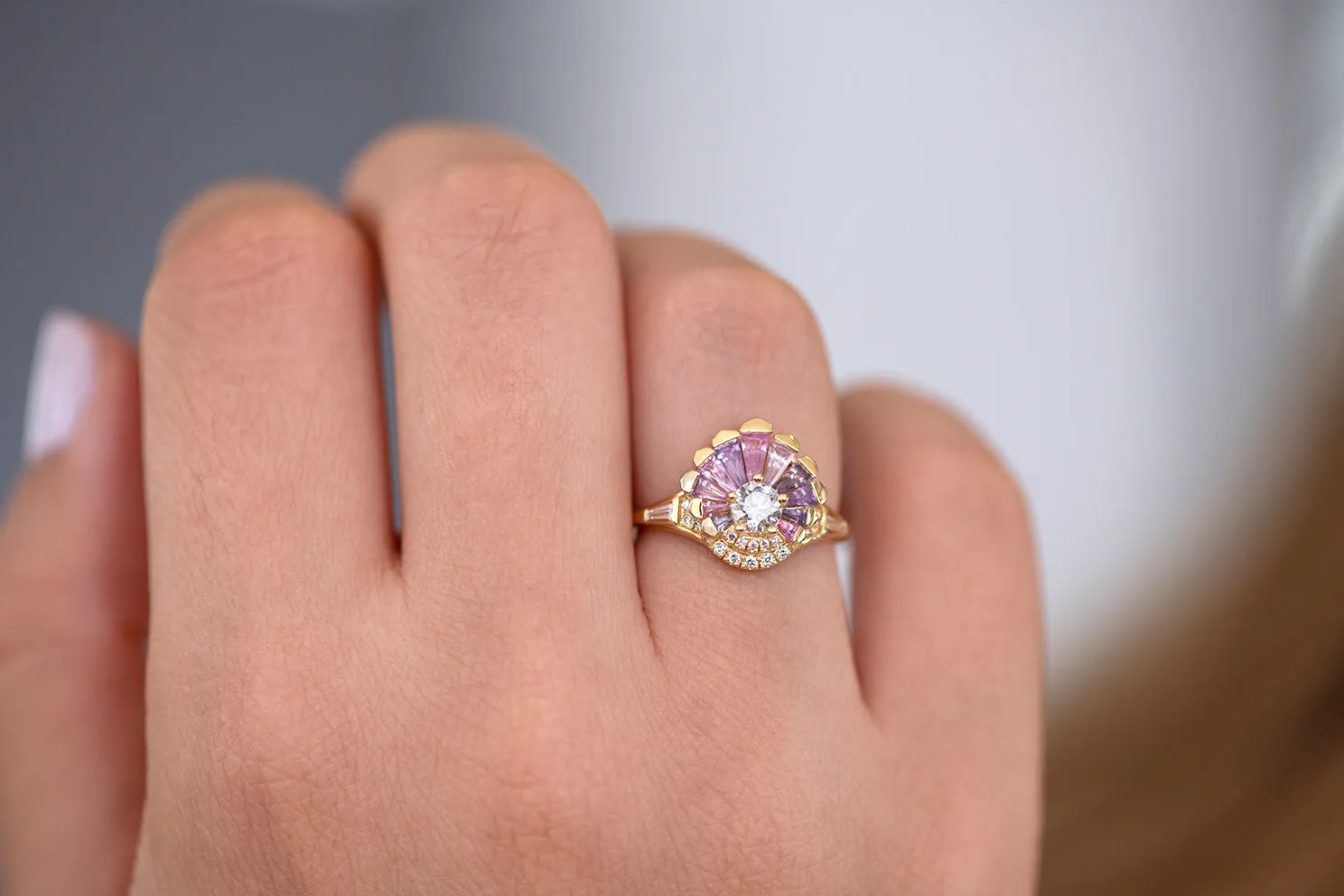 Deco Engagement Ring with Purple and Lilac Sapphires