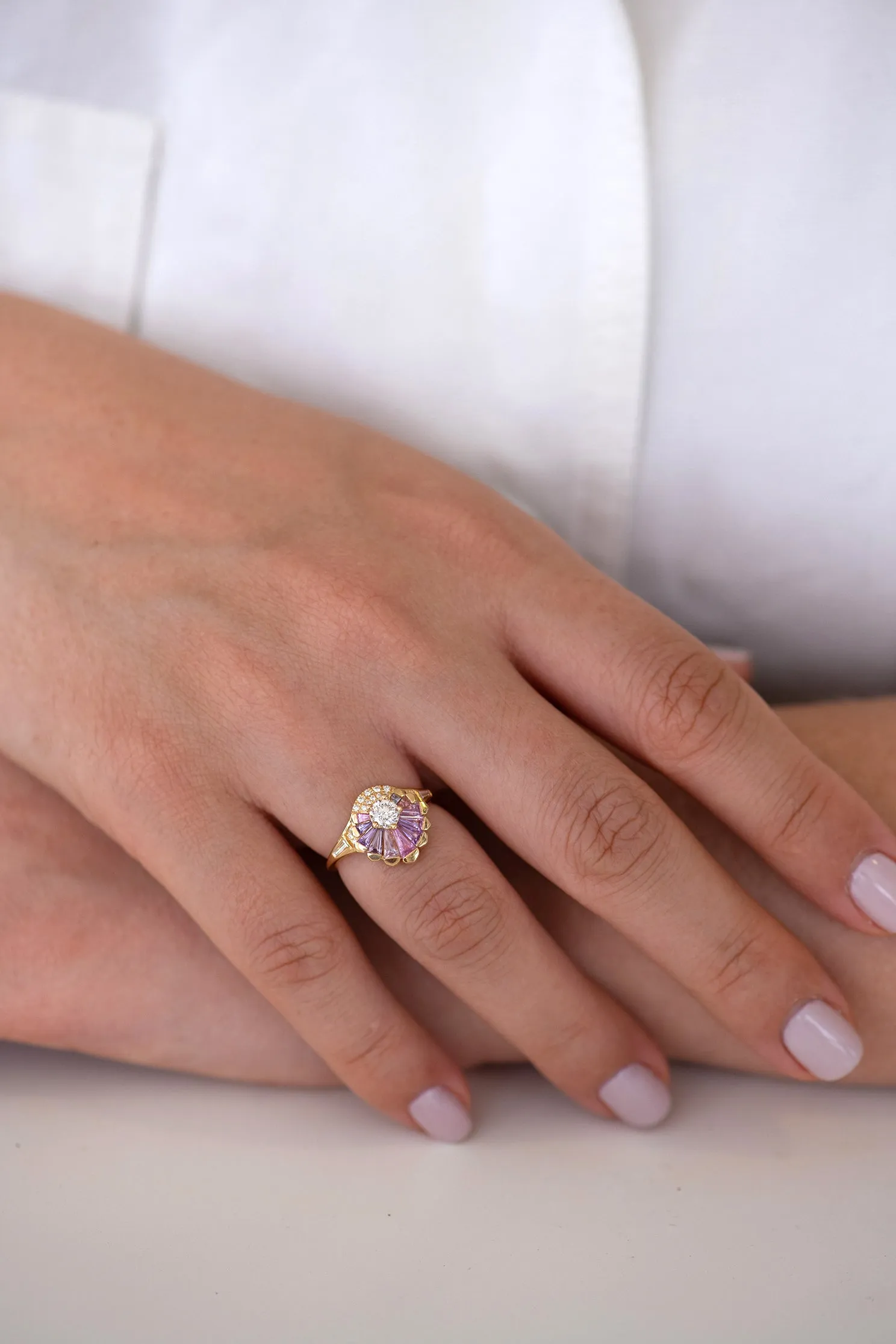 Deco Engagement Ring with Purple and Lilac Sapphires