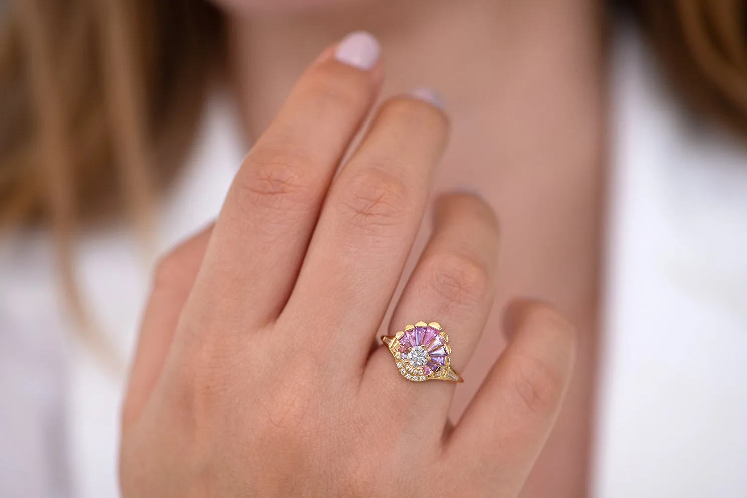 Deco Engagement Ring with Purple and Lilac Sapphires