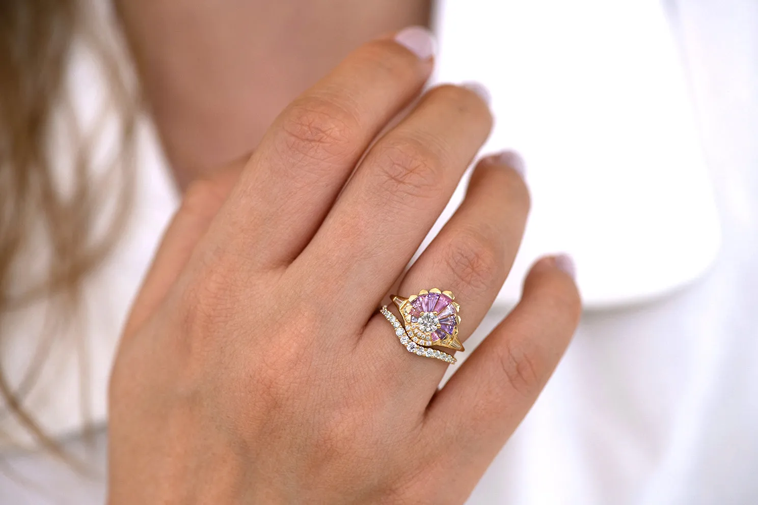 Deco Engagement Ring with Purple and Lilac Sapphires