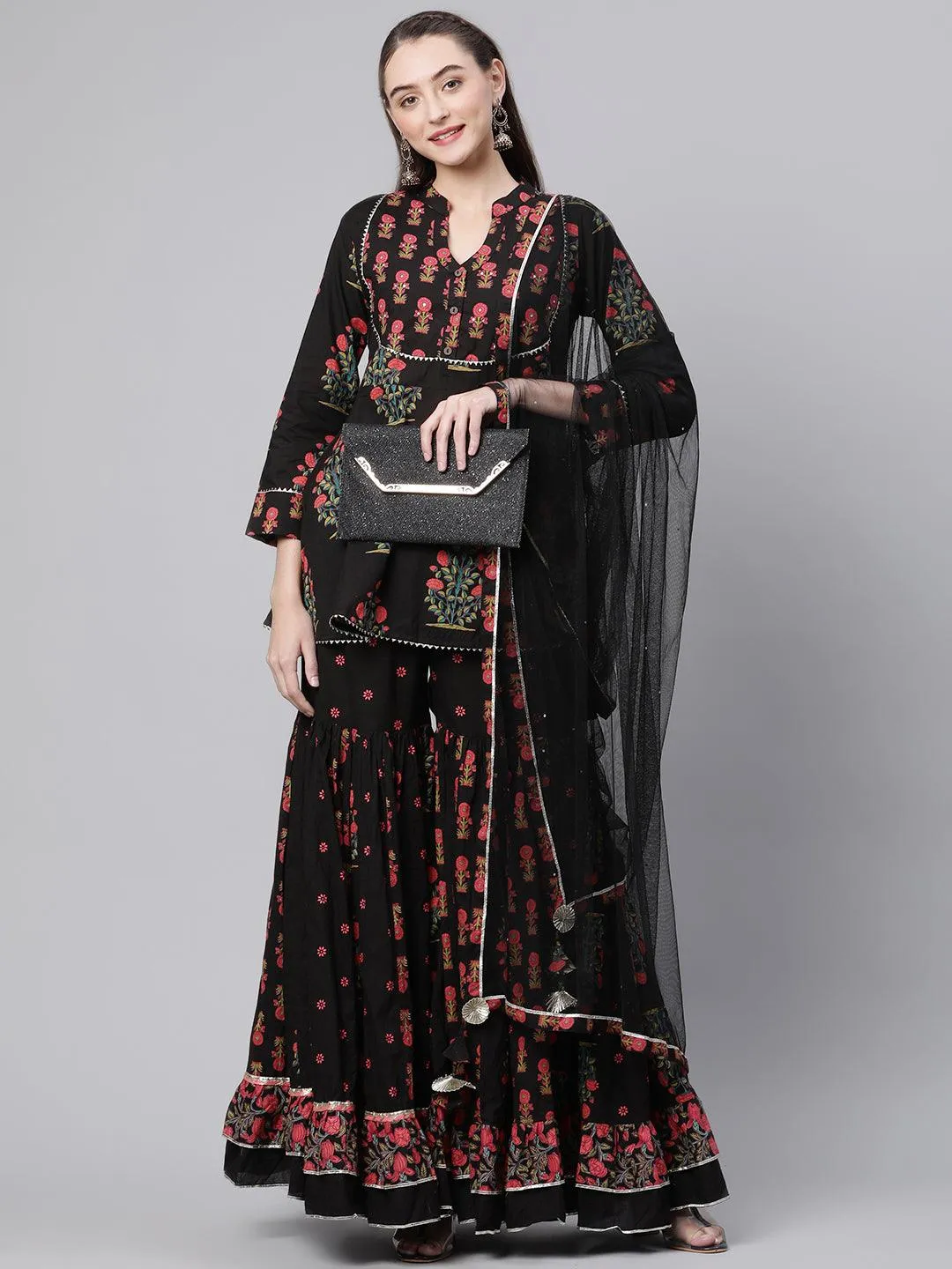 Divena Black Peplum Top Sharara Set with Dupatta