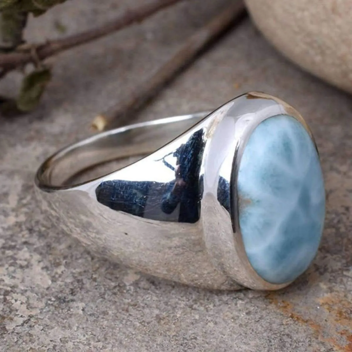 Dominican Larimar Gemstone Ring, February March Birthstone, 925 Sterling Silver Jewelry, Mens Ring, Unisex Ring