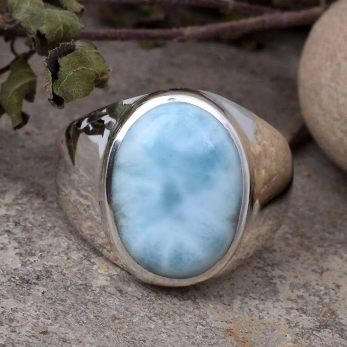 Dominican Larimar Gemstone Ring, February March Birthstone, 925 Sterling Silver Jewelry, Mens Ring, Unisex Ring