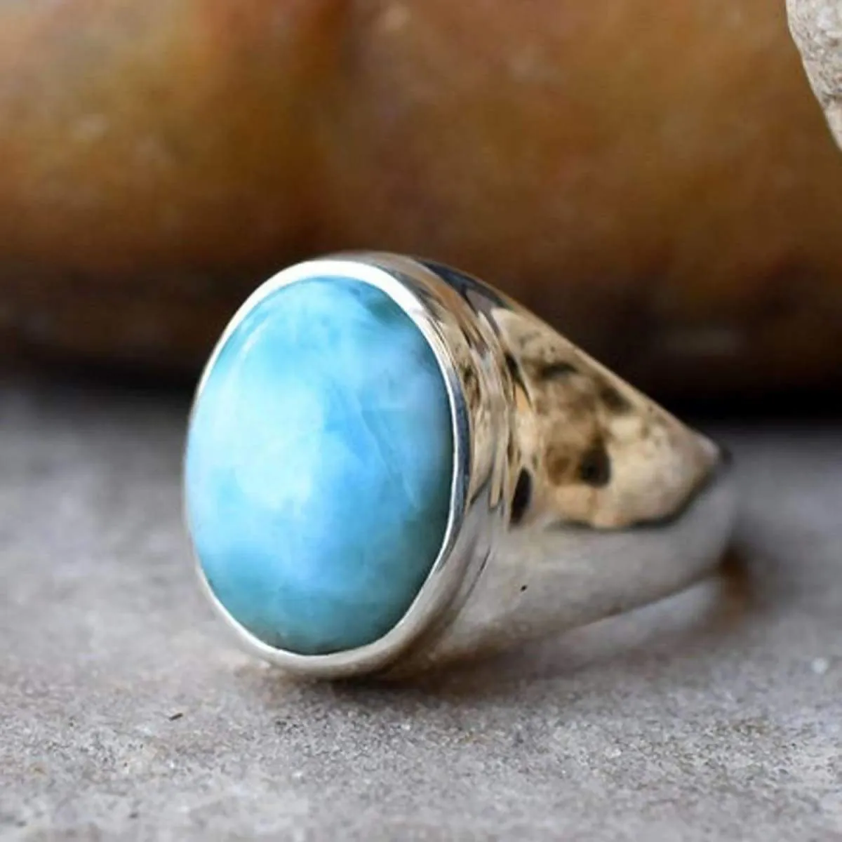 Dominican Larimar Gemstone Ring, February March Birthstone, 925 Sterling Silver Jewelry, Mens Ring, Unisex Ring