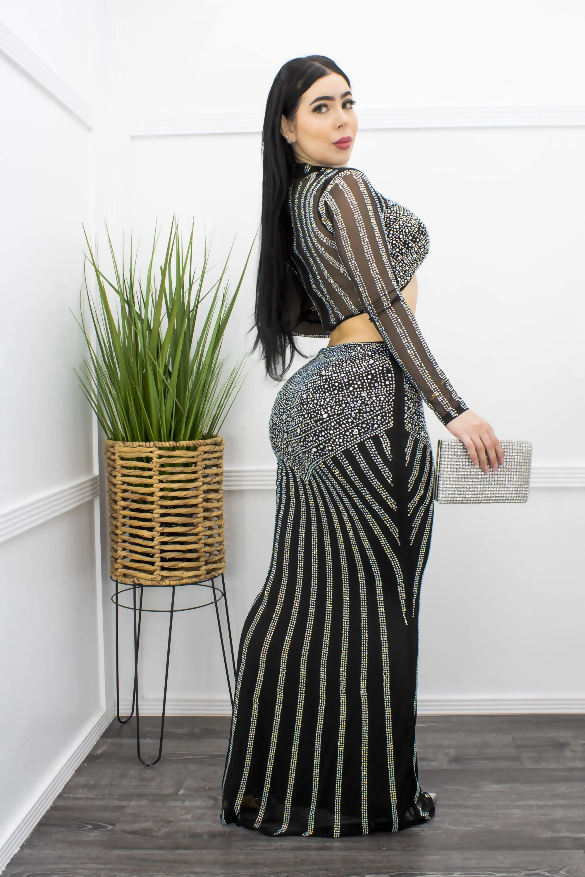 Embellished W Rhinestones Top Maxi Skirt Set Black