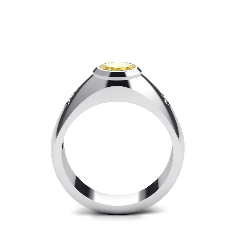 Engraved Men's Ring 14K Solid White Gold 2.40ct Citrine with Diamonds Anniversary Gift