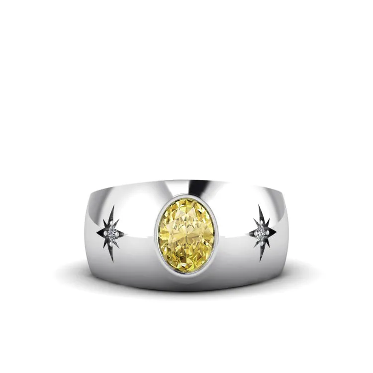 Engraved Men's Ring 14K Solid White Gold 2.40ct Citrine with Diamonds Anniversary Gift