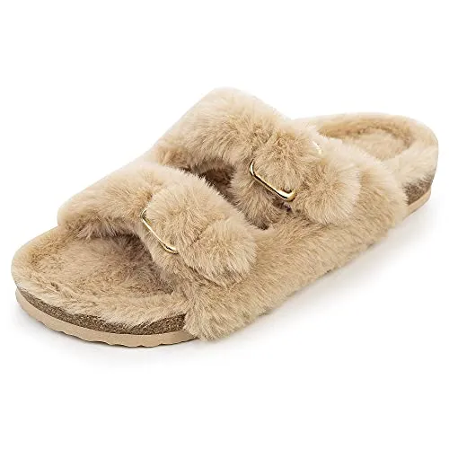 FITORY Womens Open Toe Slipper with Cozy Lining,Faux Rabbit Fur Cork Slide Sandals Camel Size 9