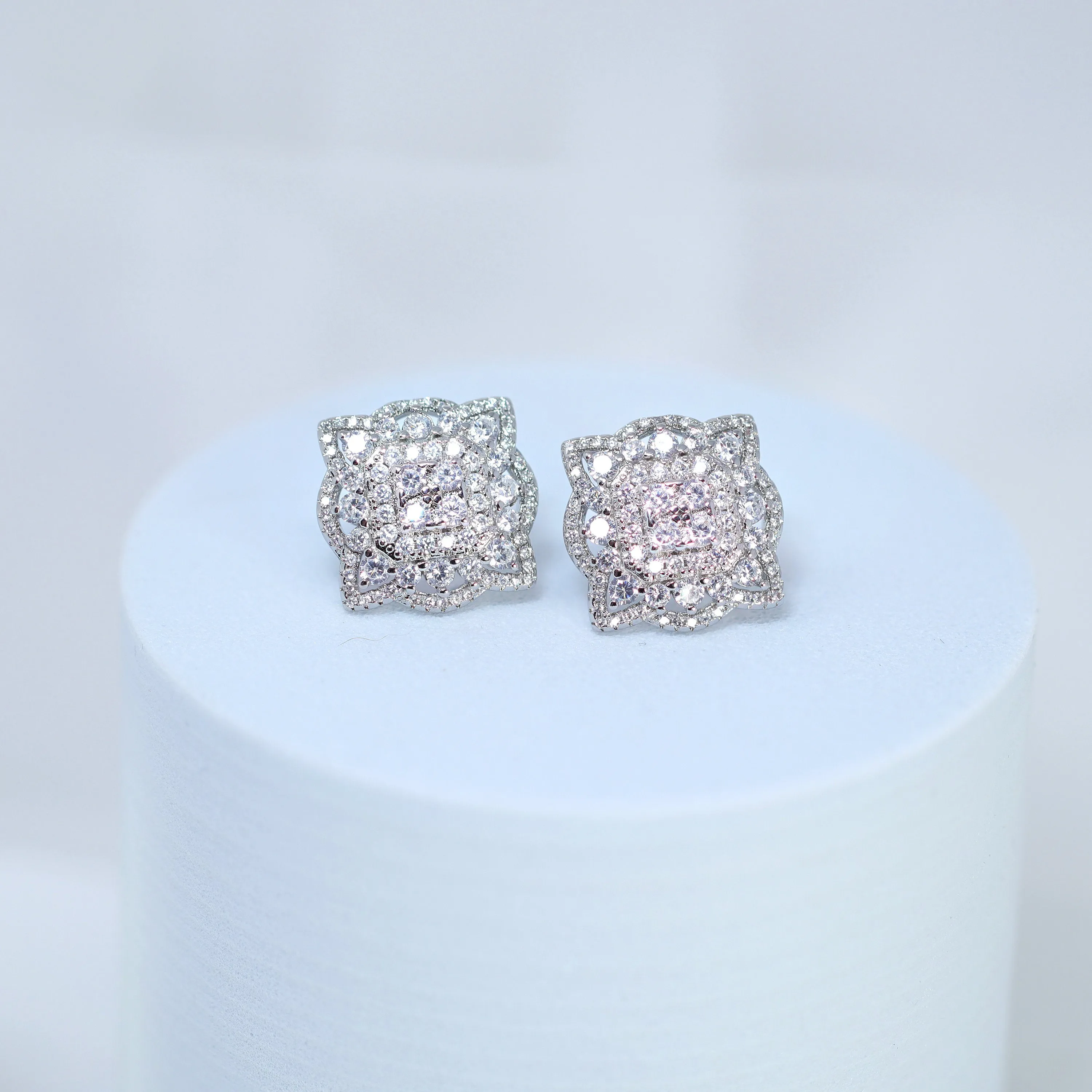 Floral Square Mandala CZ Diamond Earrings, Bridal Jewelry, Bridal Stud Earrings, Crystal Bridal Earrings, Statement Earrings Cz