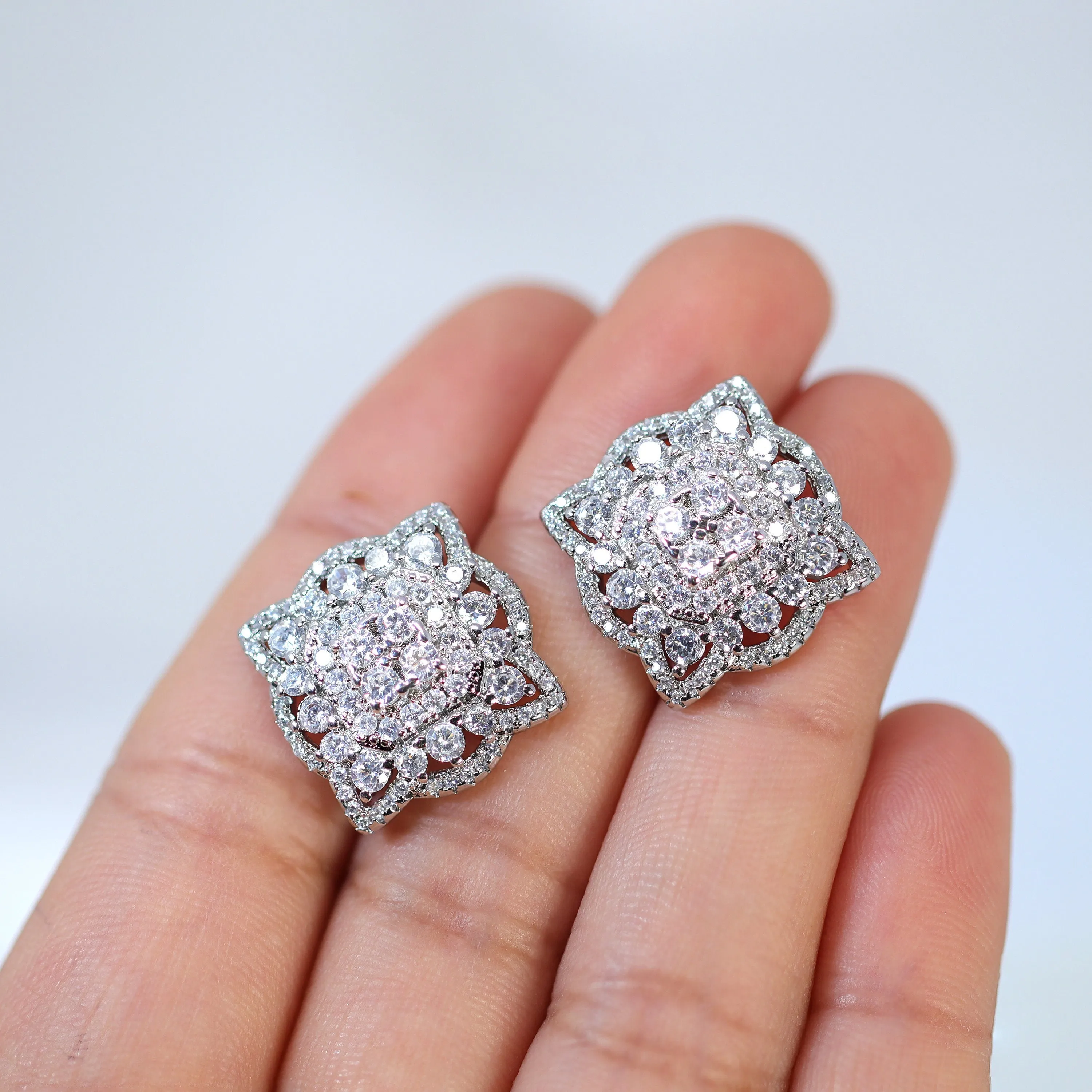 Floral Square Mandala CZ Diamond Earrings, Bridal Jewelry, Bridal Stud Earrings, Crystal Bridal Earrings, Statement Earrings Cz