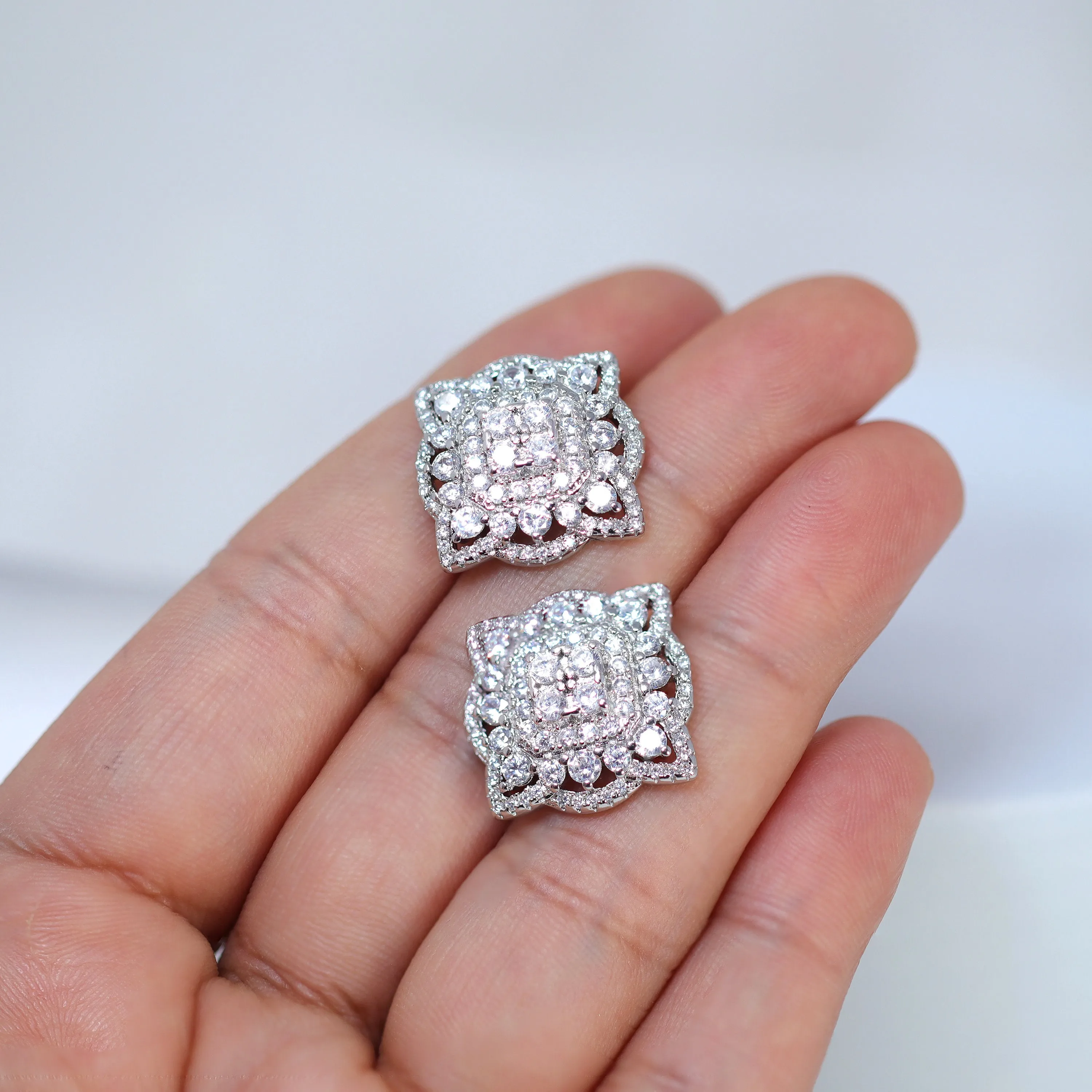 Floral Square Mandala CZ Diamond Earrings, Bridal Jewelry, Bridal Stud Earrings, Crystal Bridal Earrings, Statement Earrings Cz