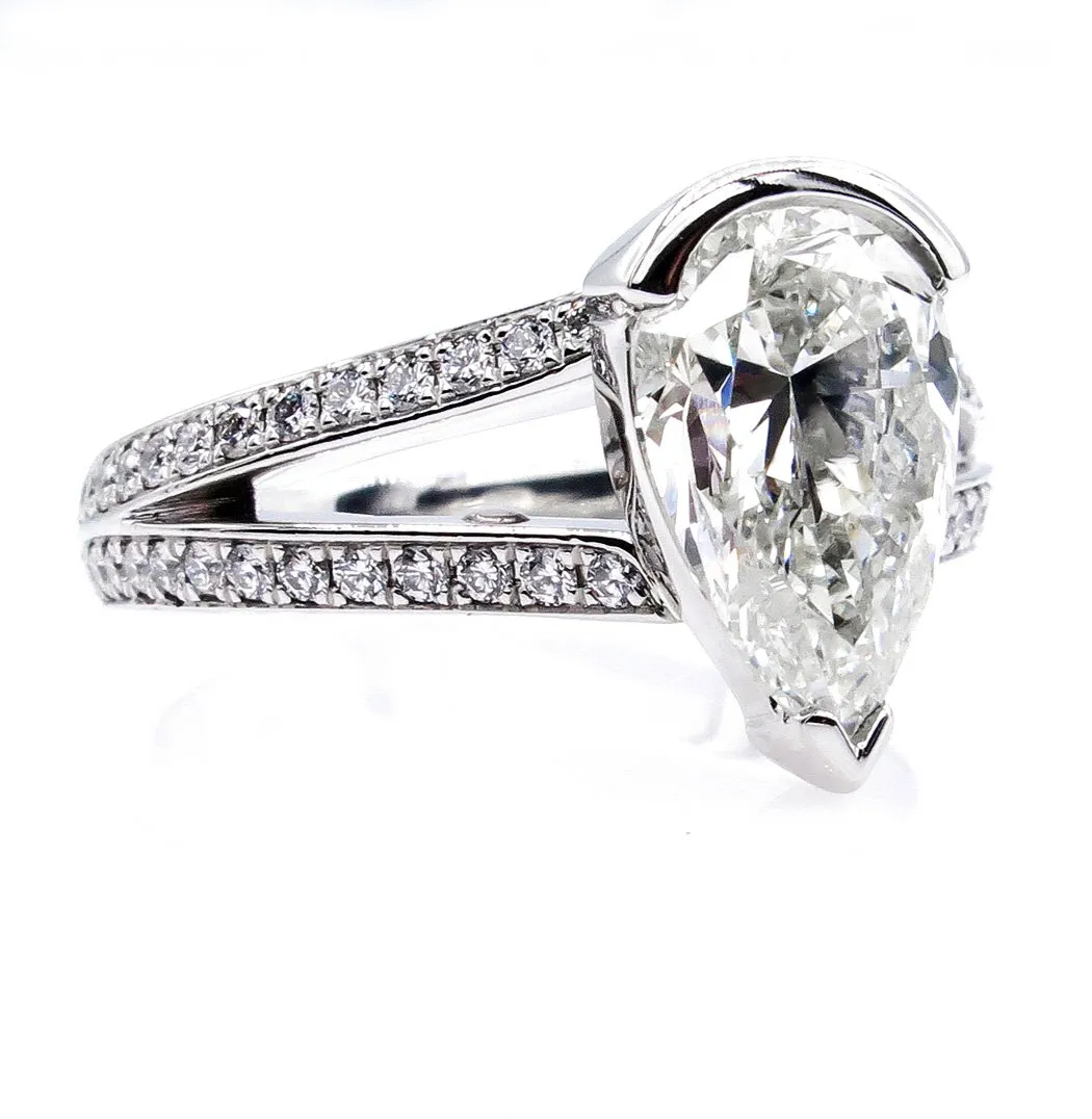 GIA 2.68ct Vintage PEAR Shaped Diamond Engagement Wedding Pave Platinum Ring