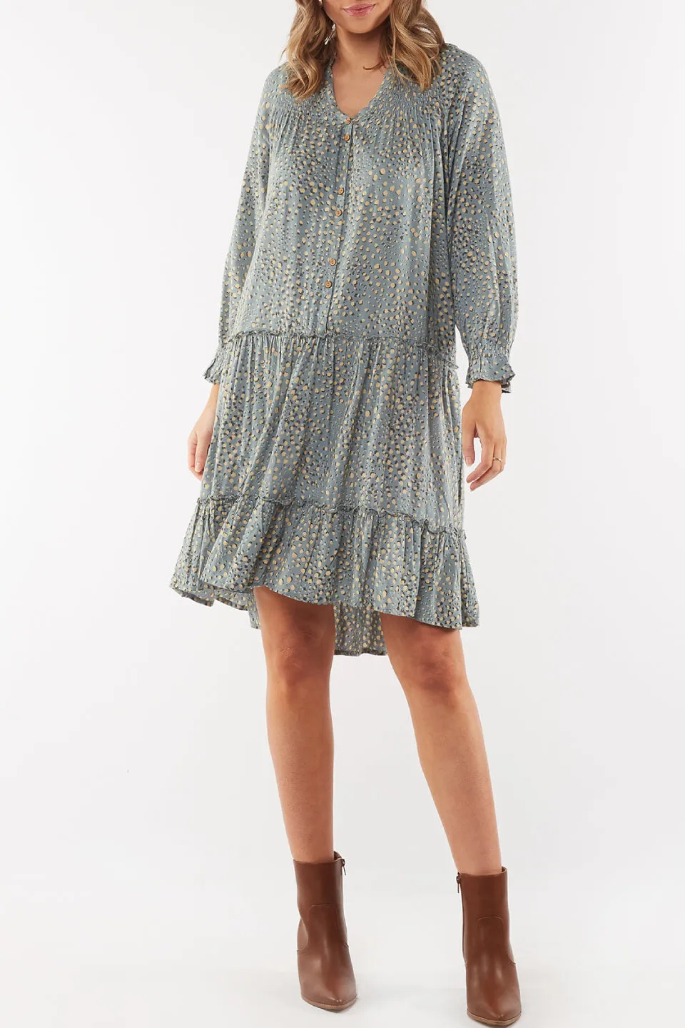 Gillian Tiered LS Silver Grass Mini Dress