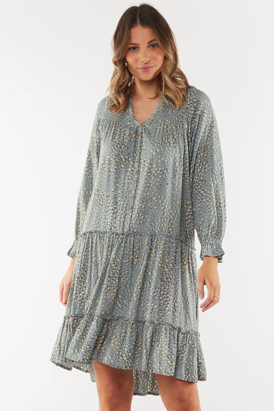 Gillian Tiered LS Silver Grass Mini Dress