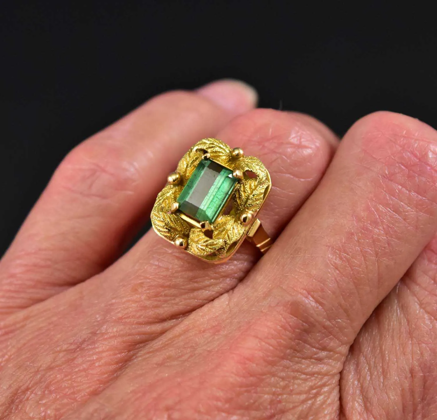 Gold Leaf Emerald Cut Tourmaline Ring w Appraisal