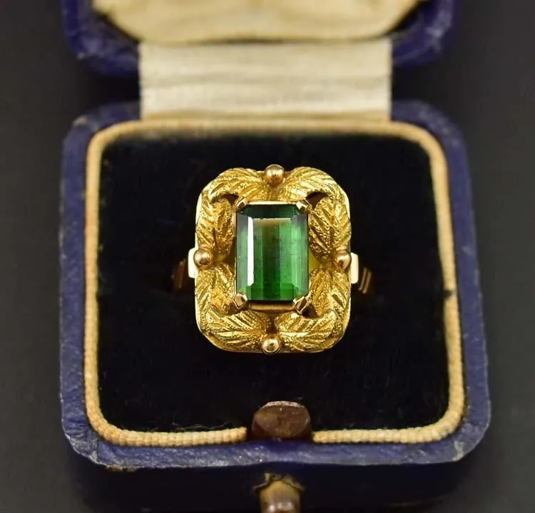 Gold Leaf Emerald Cut Tourmaline Ring w Appraisal