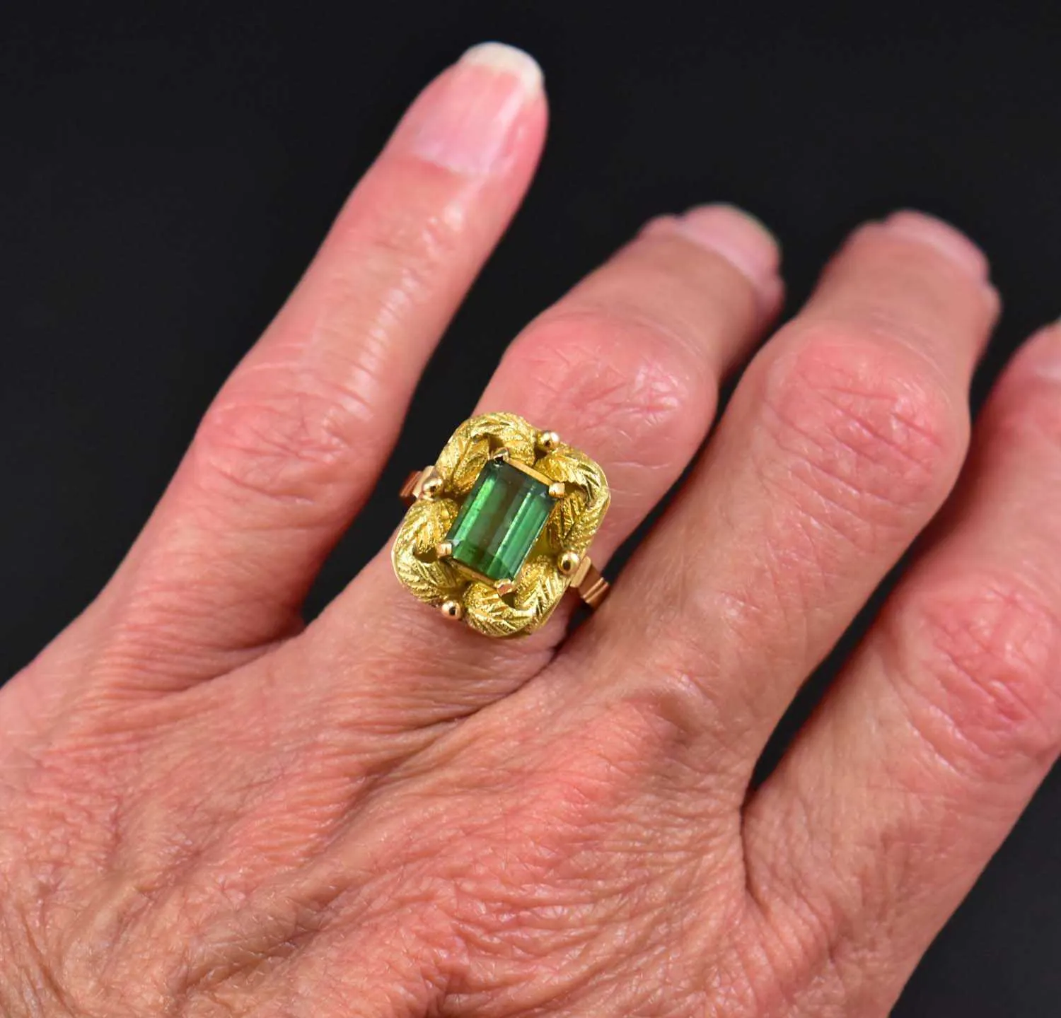 Gold Leaf Emerald Cut Tourmaline Ring w Appraisal