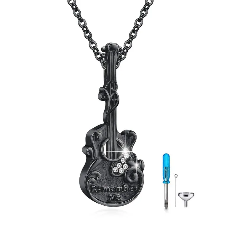 Guitar and Pick Memorial Necklace S925 Sterling Silver Music Guitar Urn Pendants Necklace For Ashes