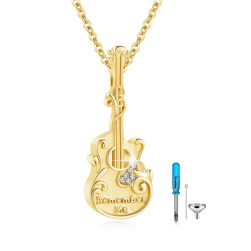 Guitar and Pick Memorial Necklace S925 Sterling Silver Music Guitar Urn Pendants Necklace For Ashes