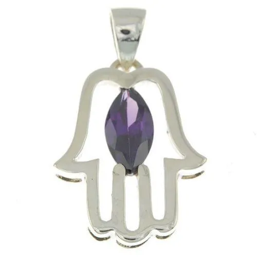 Hamsa Pendant with Purple Gemstone Fatima hand   925 Sterling Silver Necklace