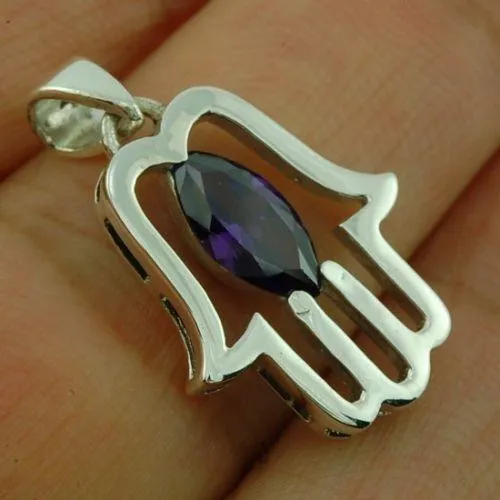 Hamsa Pendant with Purple Gemstone Fatima hand   925 Sterling Silver Necklace