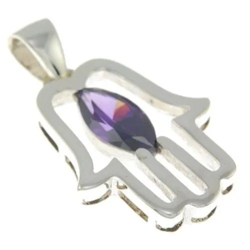 Hamsa Pendant with Purple Gemstone Fatima hand   925 Sterling Silver Necklace