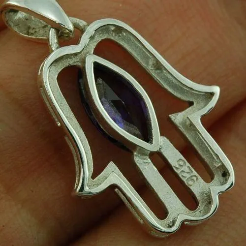 Hamsa Pendant with Purple Gemstone Fatima hand   925 Sterling Silver Necklace