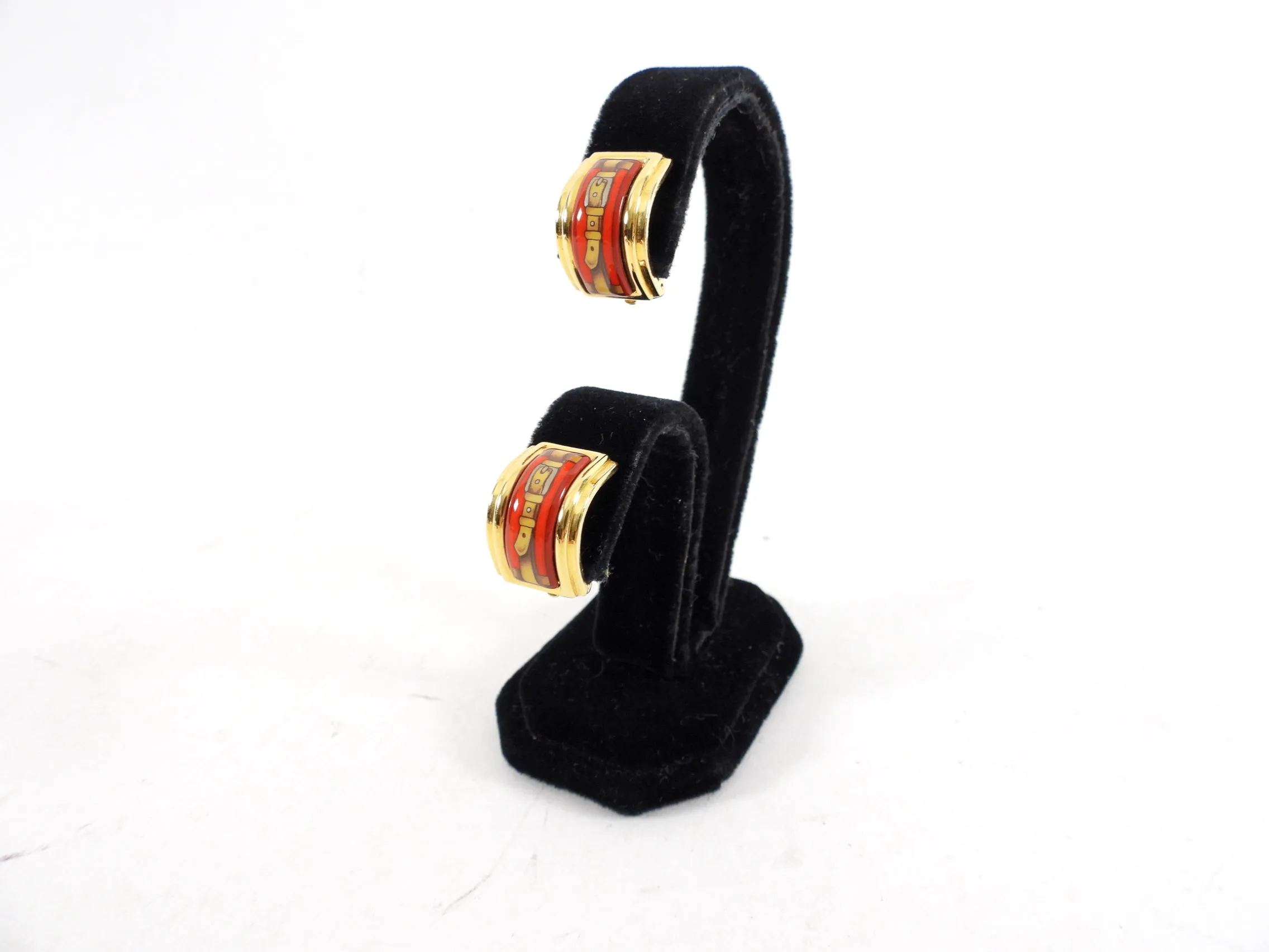 Hermes Circa 1980's Vintage Red Enamel Clip on Earrings