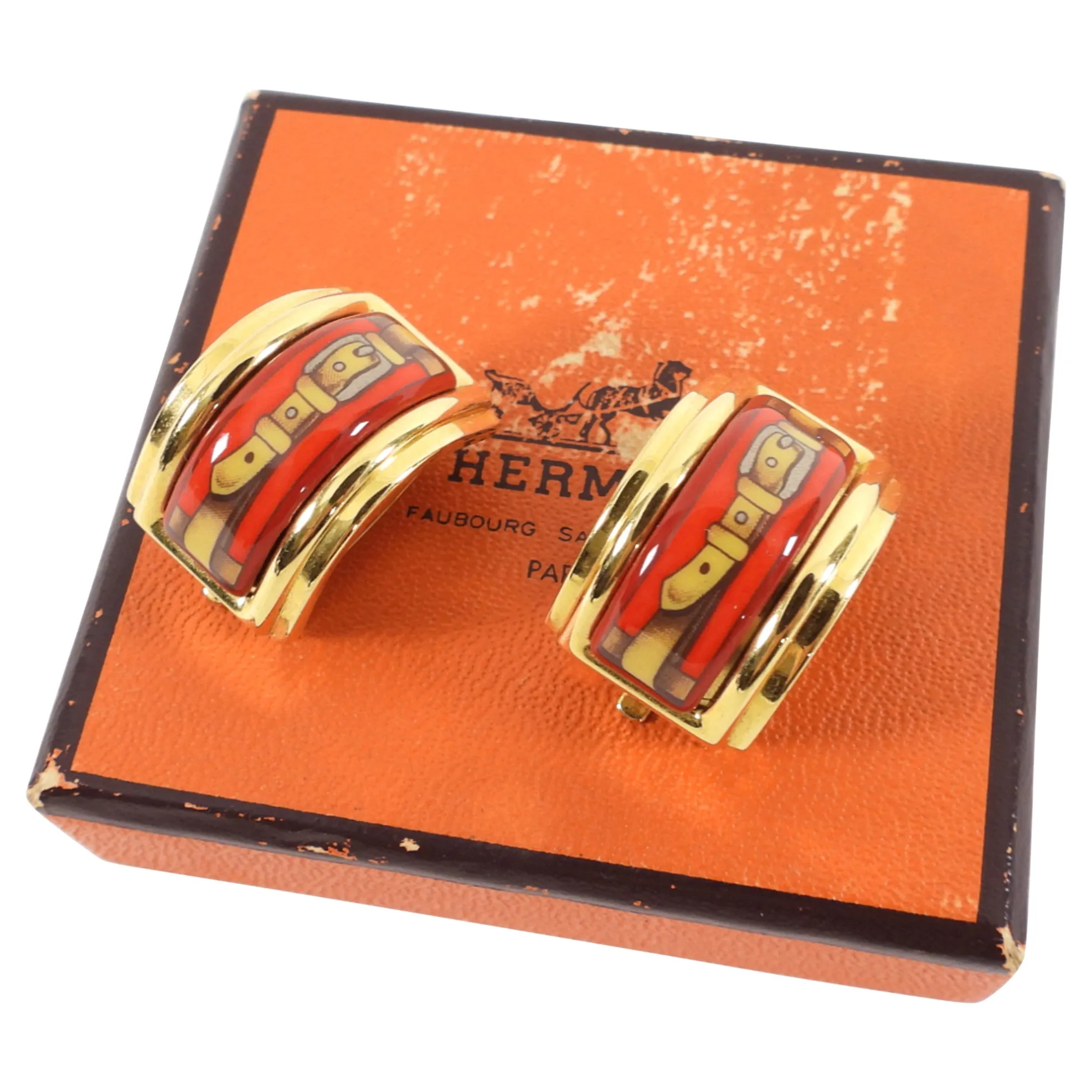 Hermes Circa 1980's Vintage Red Enamel Clip on Earrings