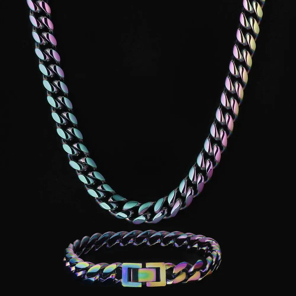 KRKC 10mm Rainbow Miami Cuban Link Chain and Bracelet Set For Women