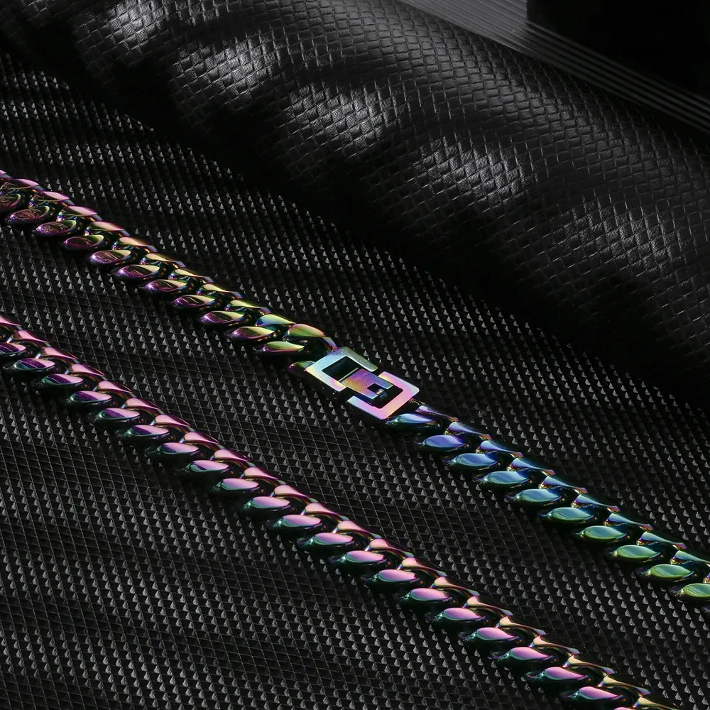 KRKC 10mm Rainbow Miami Cuban Link Chain and Bracelet Set For Women