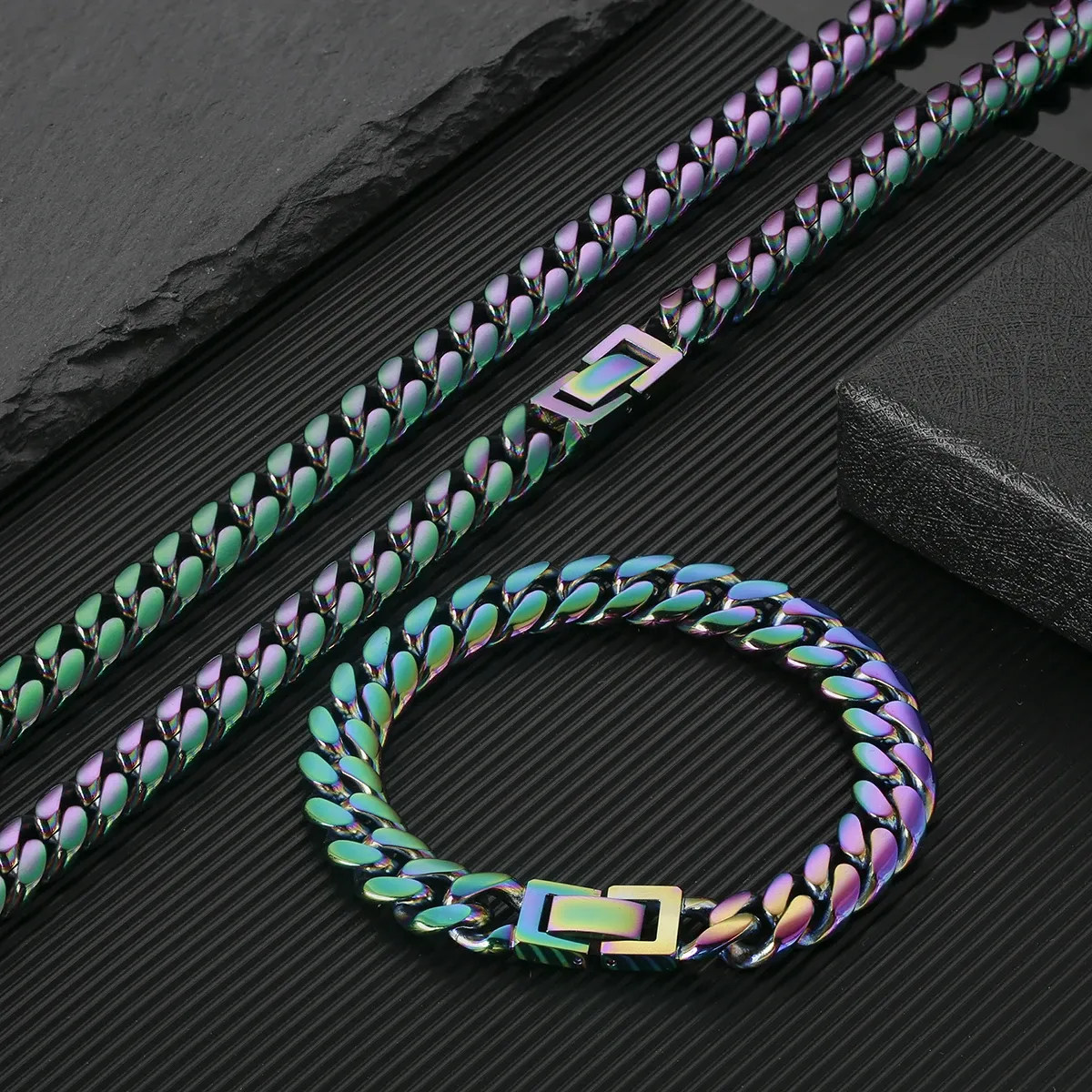 KRKC 10mm Rainbow Miami Cuban Link Chain and Bracelet Set For Women