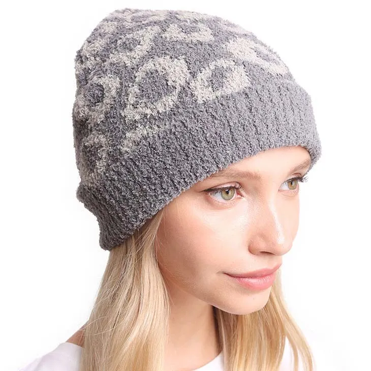 Leopard Patterned Soft Knit Beanie Hat