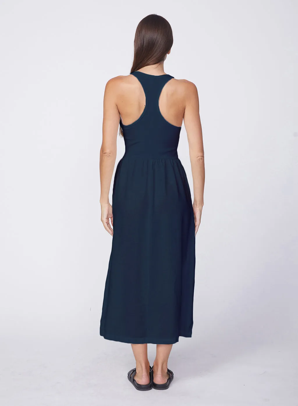 Linen Racerback Mix Media Midi Dress in New Navy