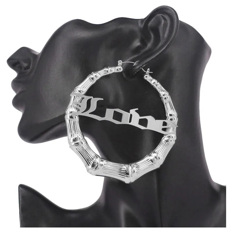 Love Metal Bamboo Hoop Message Pin Catch Earrings