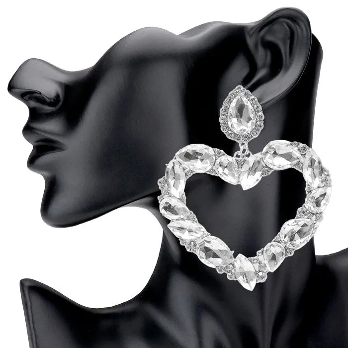 Marquise Teardrop Stone Cluster Open Heart Evening Earrings