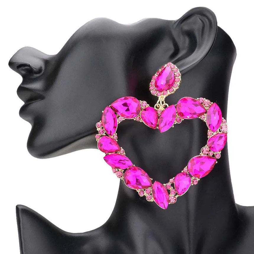 Marquise Teardrop Stone Cluster Open Heart Evening Earrings