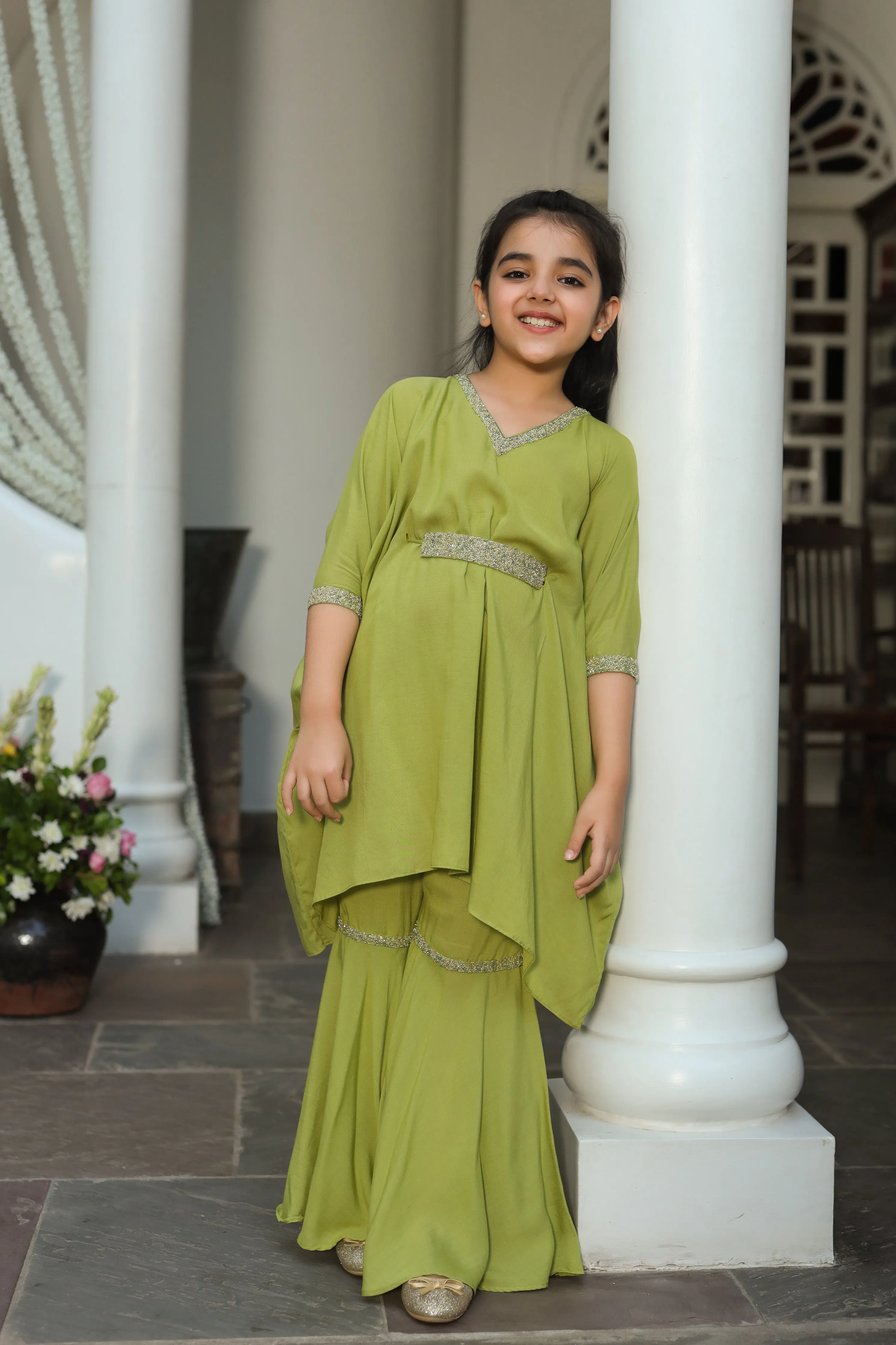 Masakali- Embroidered Tencel Fabric Kaftan Sharara Set For Girls