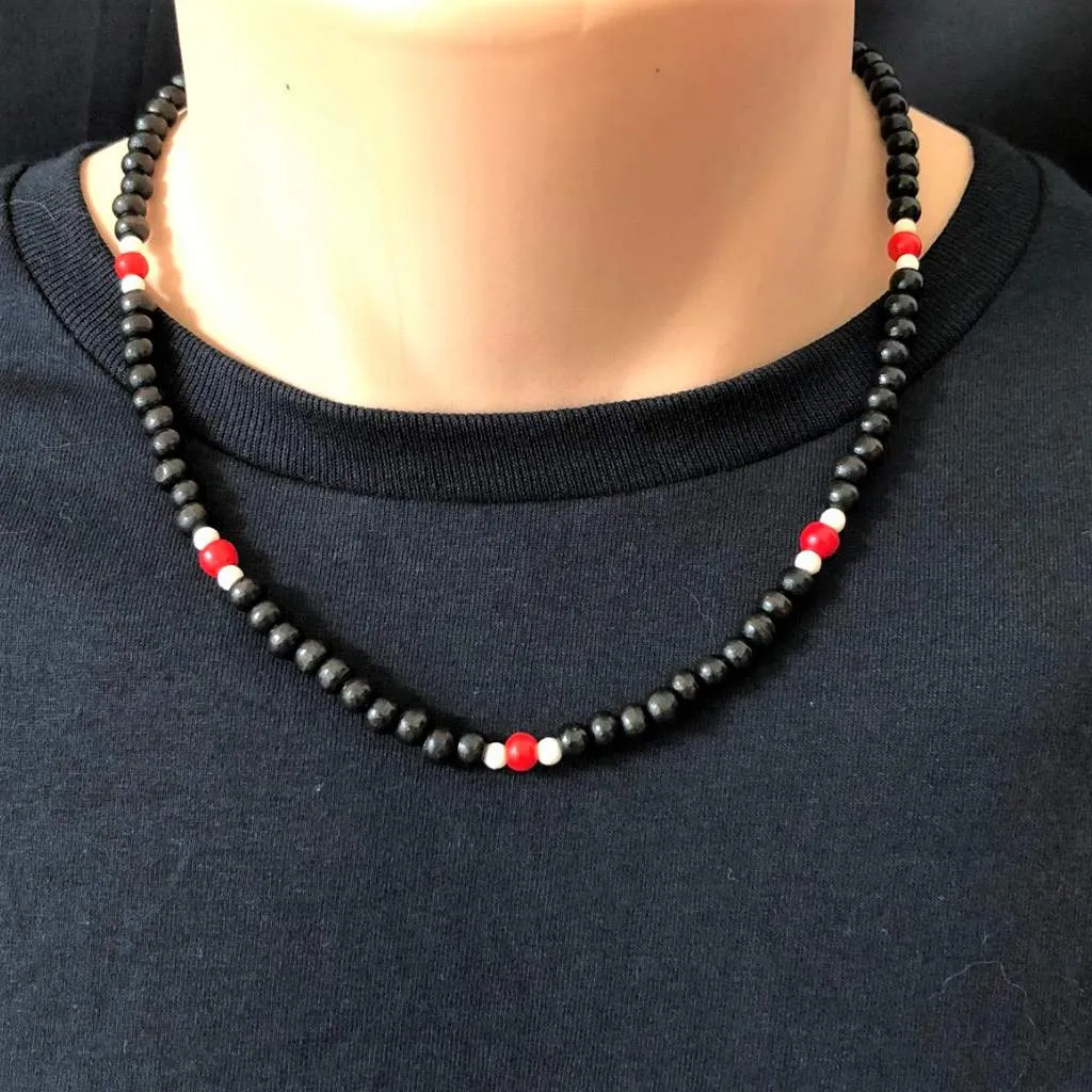 Mens Black Red and White Wood Beaded Necklace