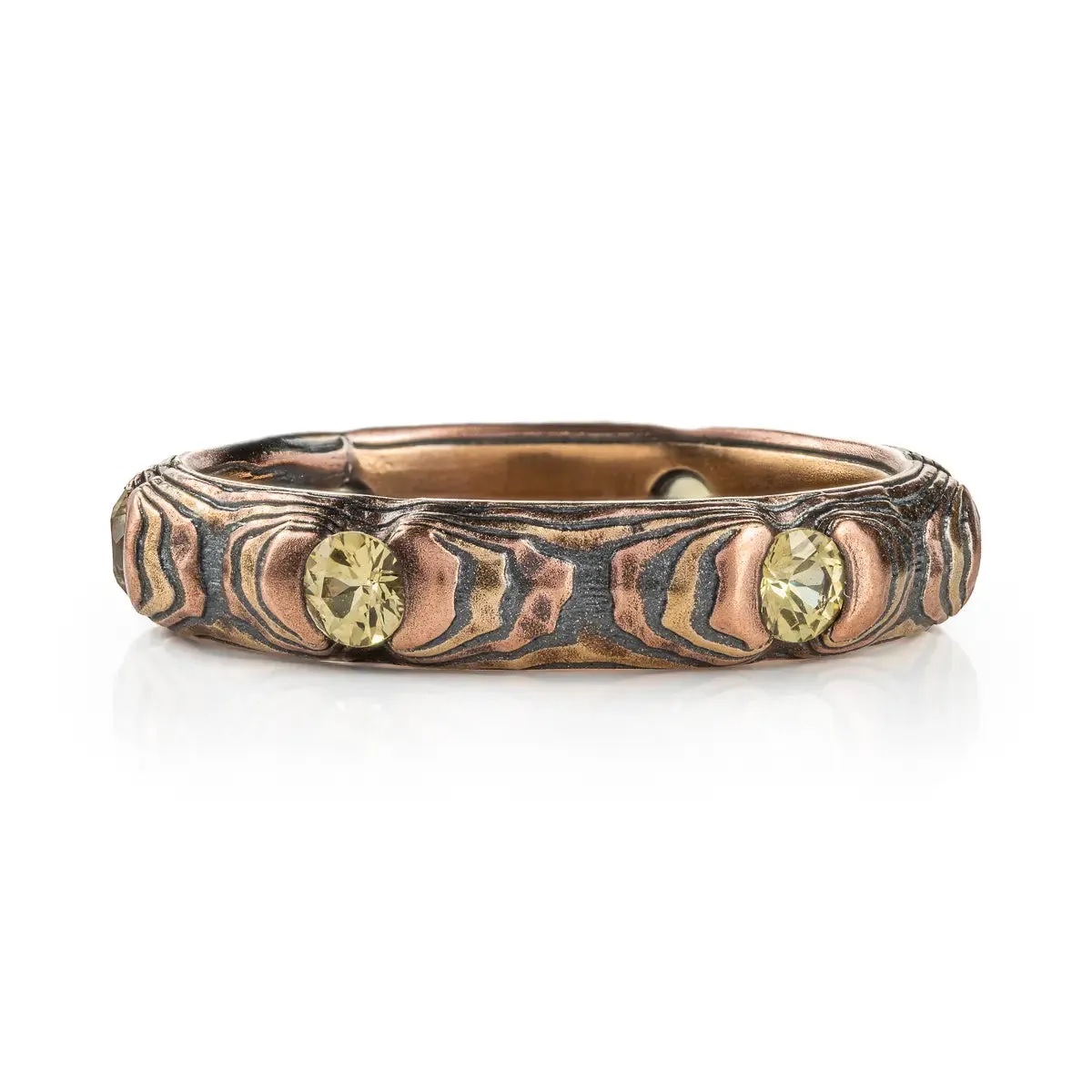 Mokume Gane Ring or Band in Guri Bori Pattern and Fire Metal Combination w/ Yellow Sapphires