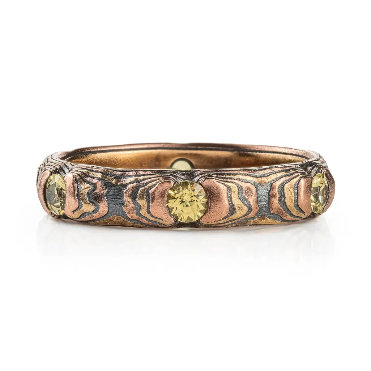 Mokume Gane Ring or Band in Guri Bori Pattern and Fire Metal Combination w/ Yellow Sapphires